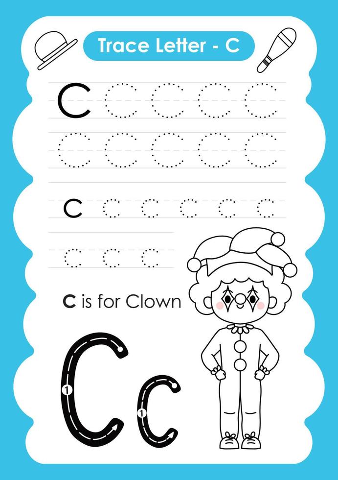 Alphabet Trace Letter A to Z preschool worksheet with the Letter C Clown vector