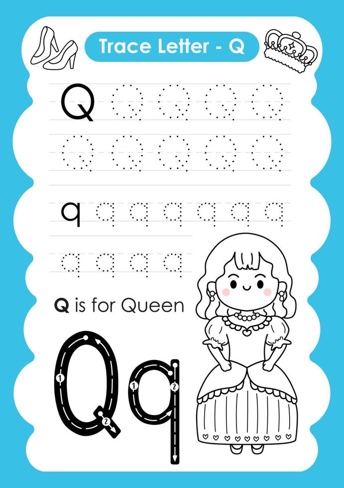Alphabet Trace Letter A to Z preschool worksheet with the Letter Q Queen vector
