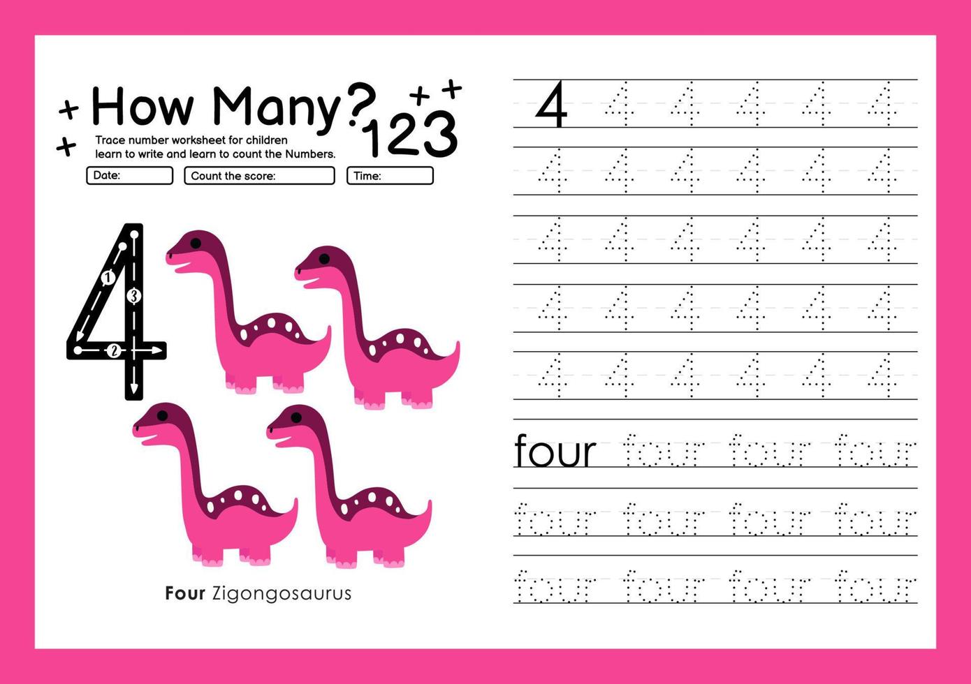 Numbers tracing template by counting Dinosaur with Number four vector