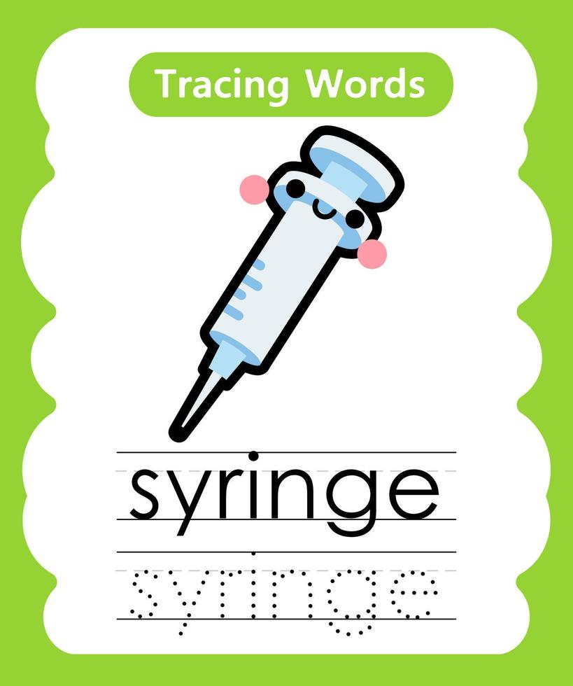 English tracing word worksheets with vocabulary syringe vector