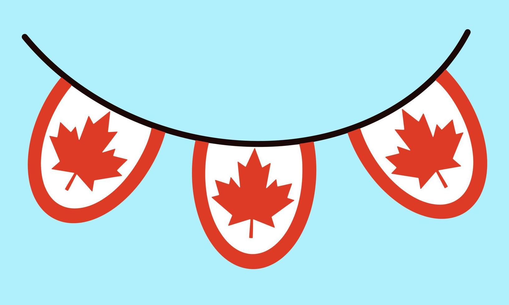 Flag of Canada. Garlands with a red maple leaf on a rope. Round pennant. Red-white symbol of the country. Official banner. Festive patriotic decoration. Isolated icon, state sign. vector