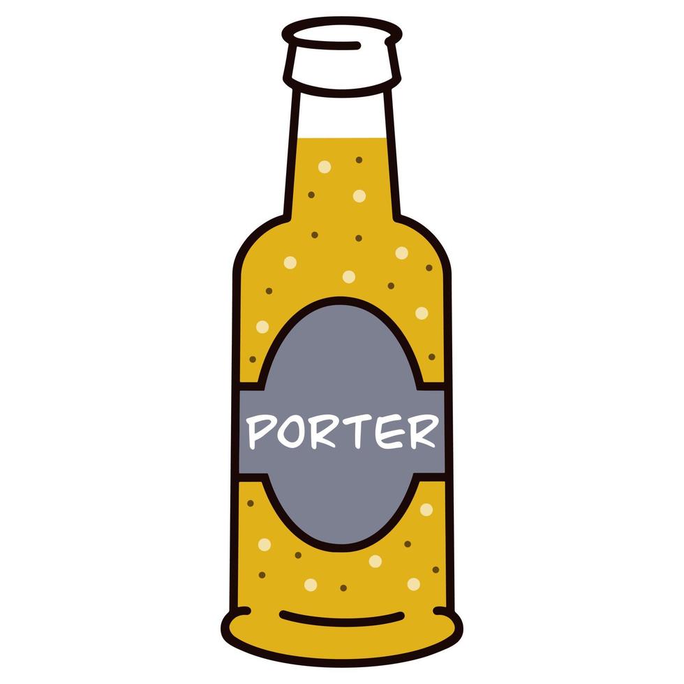 Beer bottle vector icon. Glass packaging with brown alcoholic beverage. Isolated illustration on a white background. Porter drink in cartoon style. Hand-drawn color doodle.