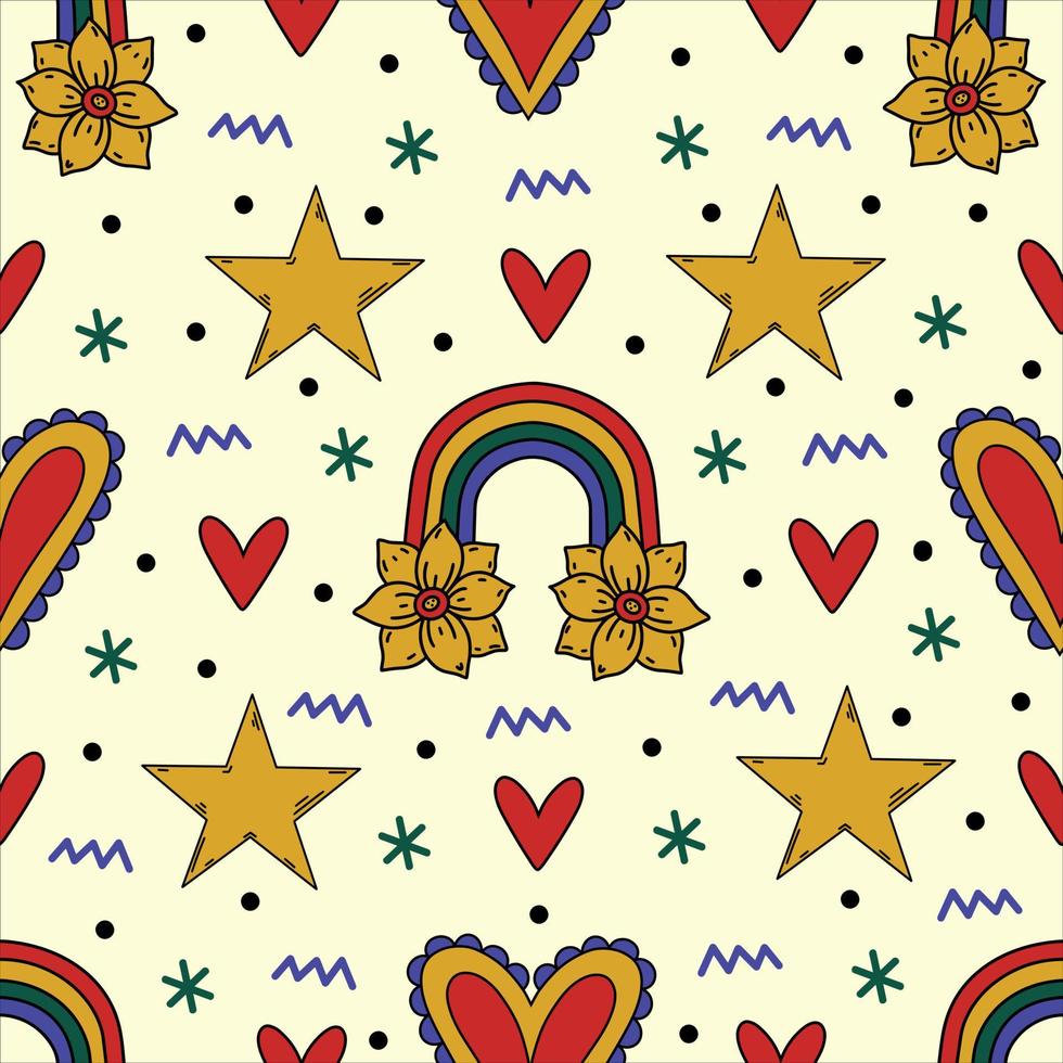 maravilloso patrón de vector vintage hippie sin costuras. fondo retro con  arco iris, flores de margarita,