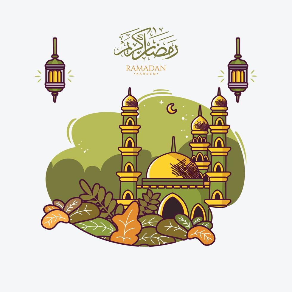 illustration of ramadan kareem with mosque and lantern vector