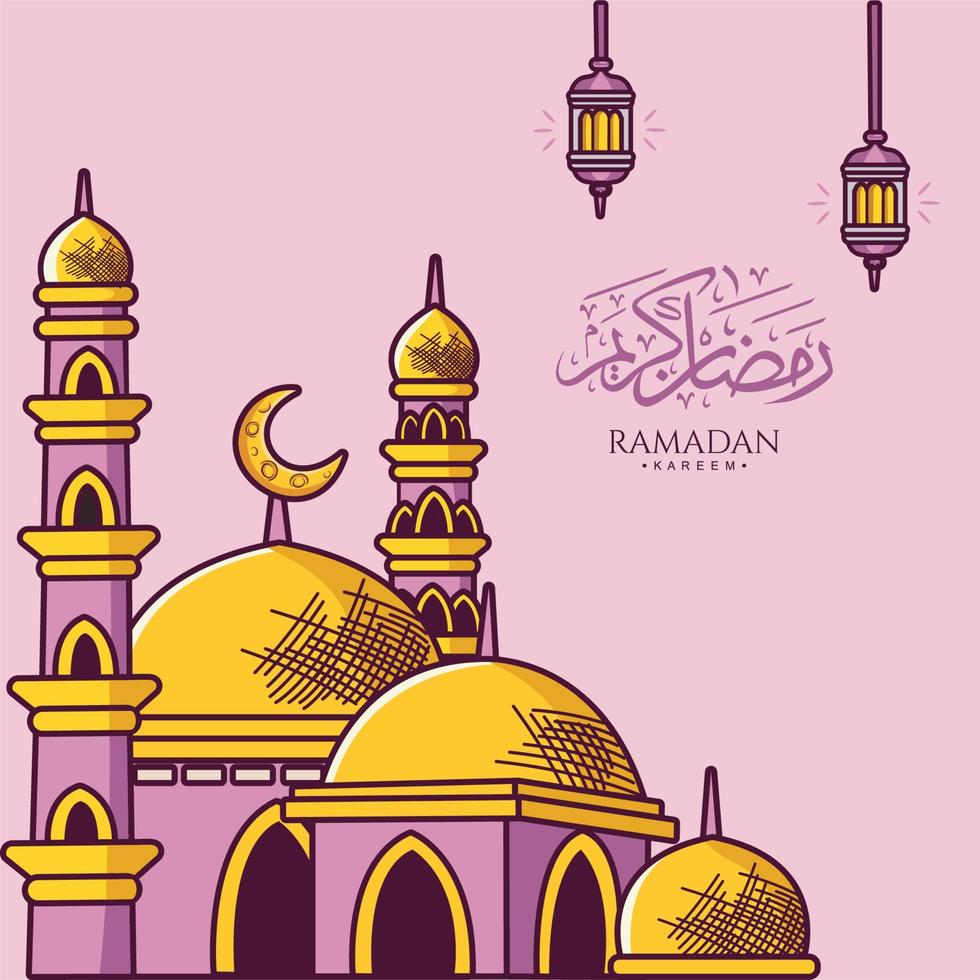 illustration of ramadan kareem with mosque and lantern vector