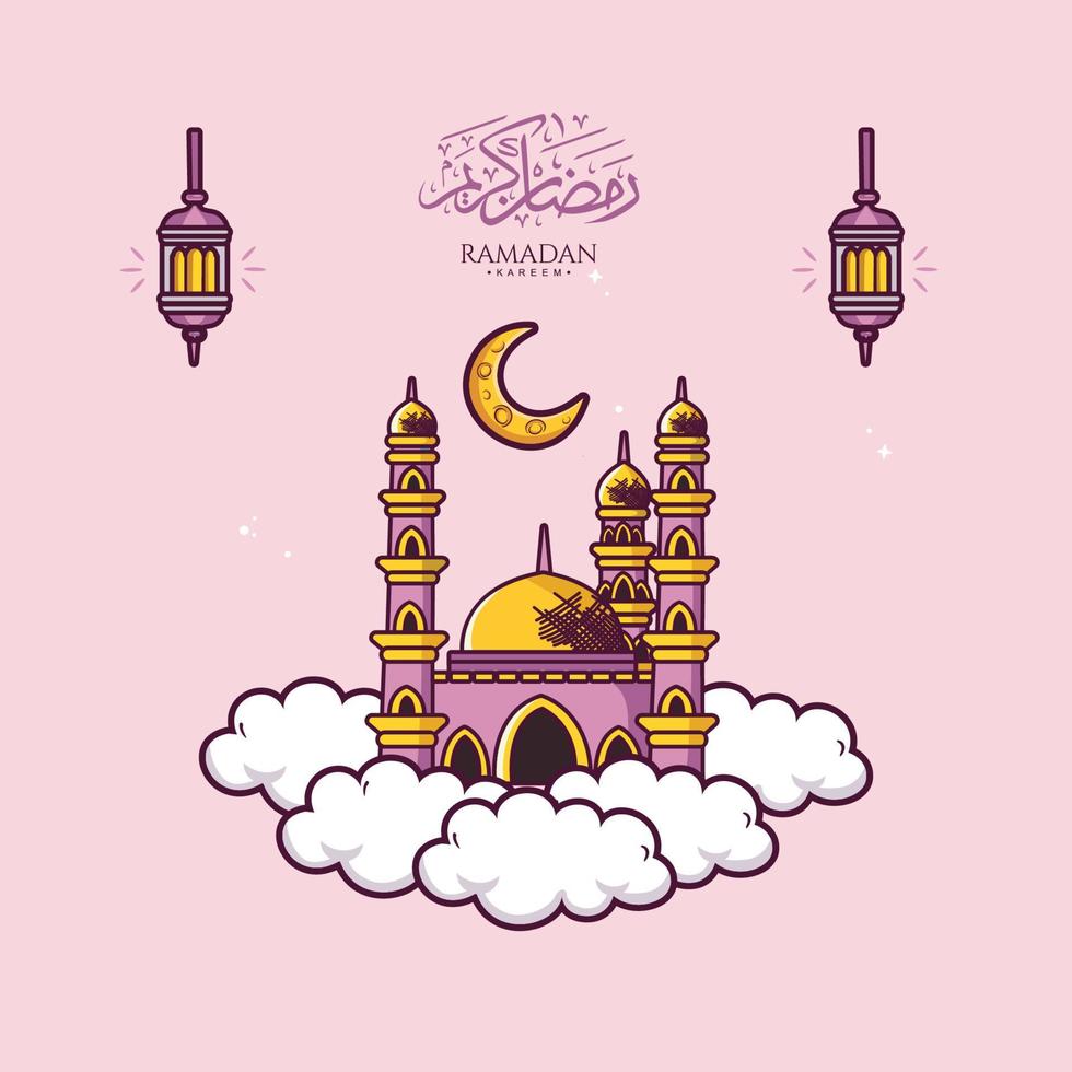 Ramadan kareem illustration with mosque and lantern cartoon vector