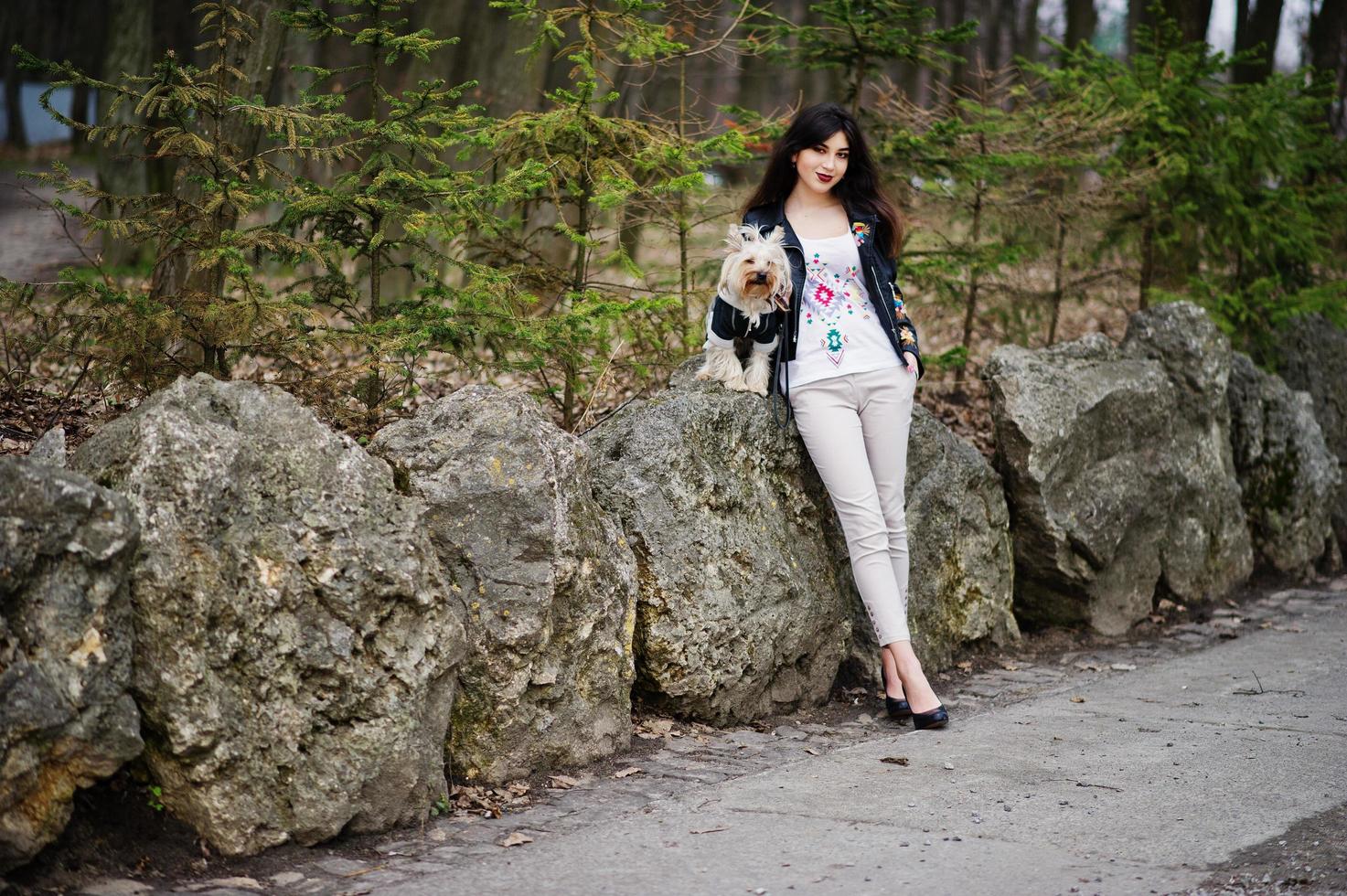 Brunette gypsy girl with yorkshire terrier dog posed against stones on park. Model wear on leather jacket and t-shirt with ornament, pants and shoes with high heels. photo