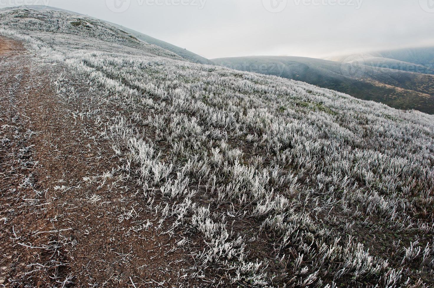 Mountain hill road up with frost grass photo