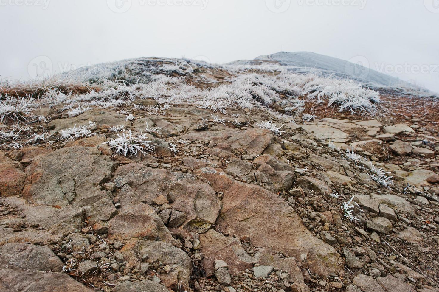 Frozen rocky stones at snow mountains with frost grass and fog on top photo