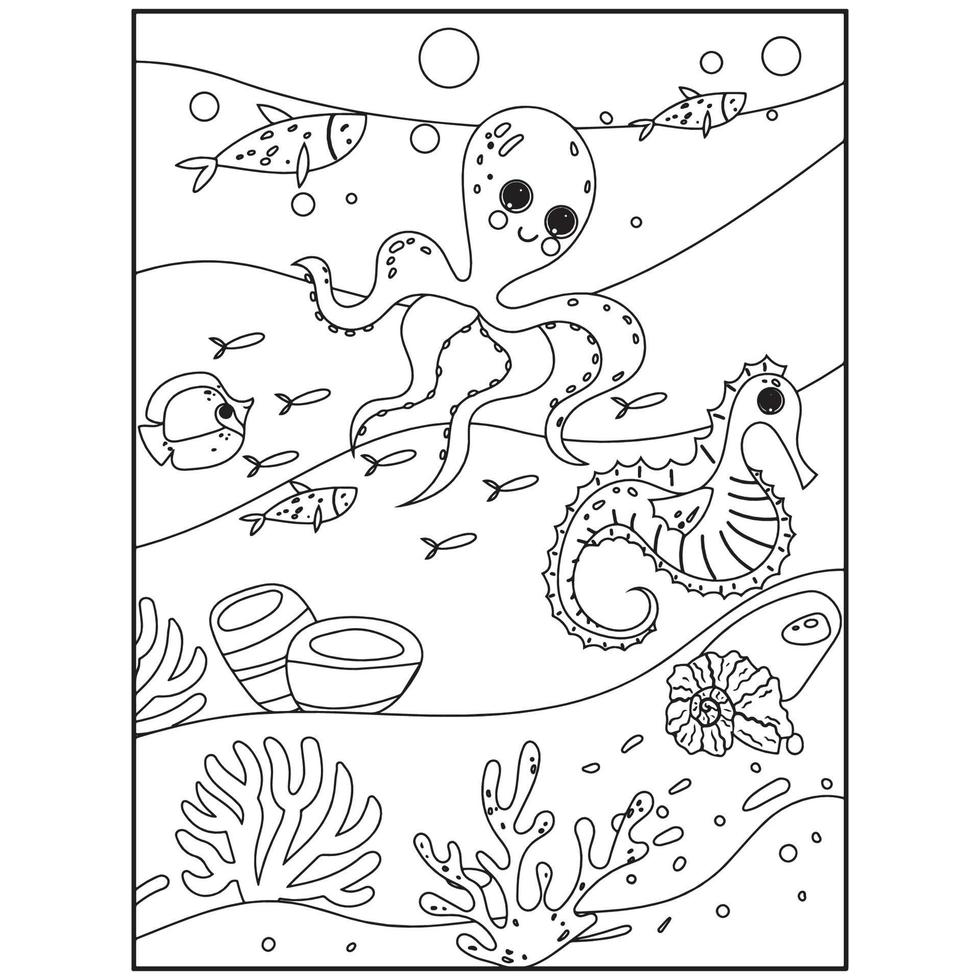 Dibujos de animales marinos para imprimir y colorear para niños. vector