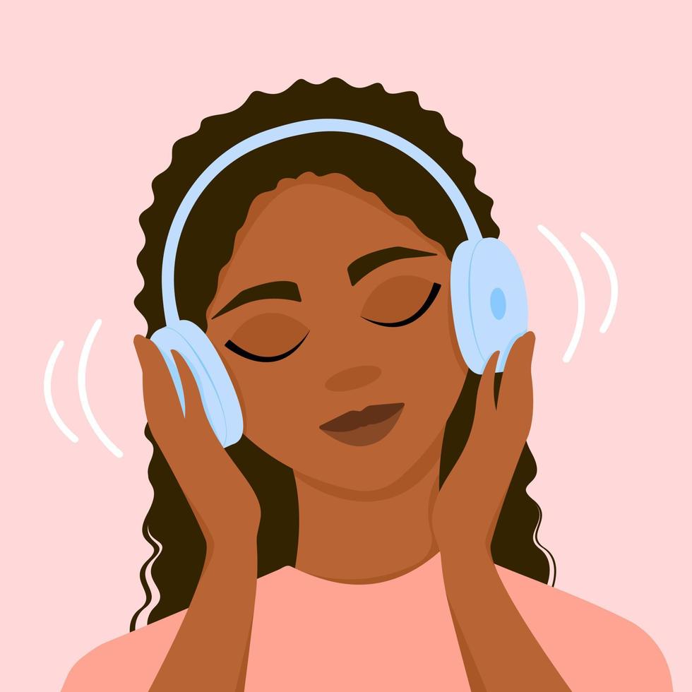 una chica de piel oscura escucha música con auriculares y cierra los ojos. calma, meditación. ilustración vectorial vector