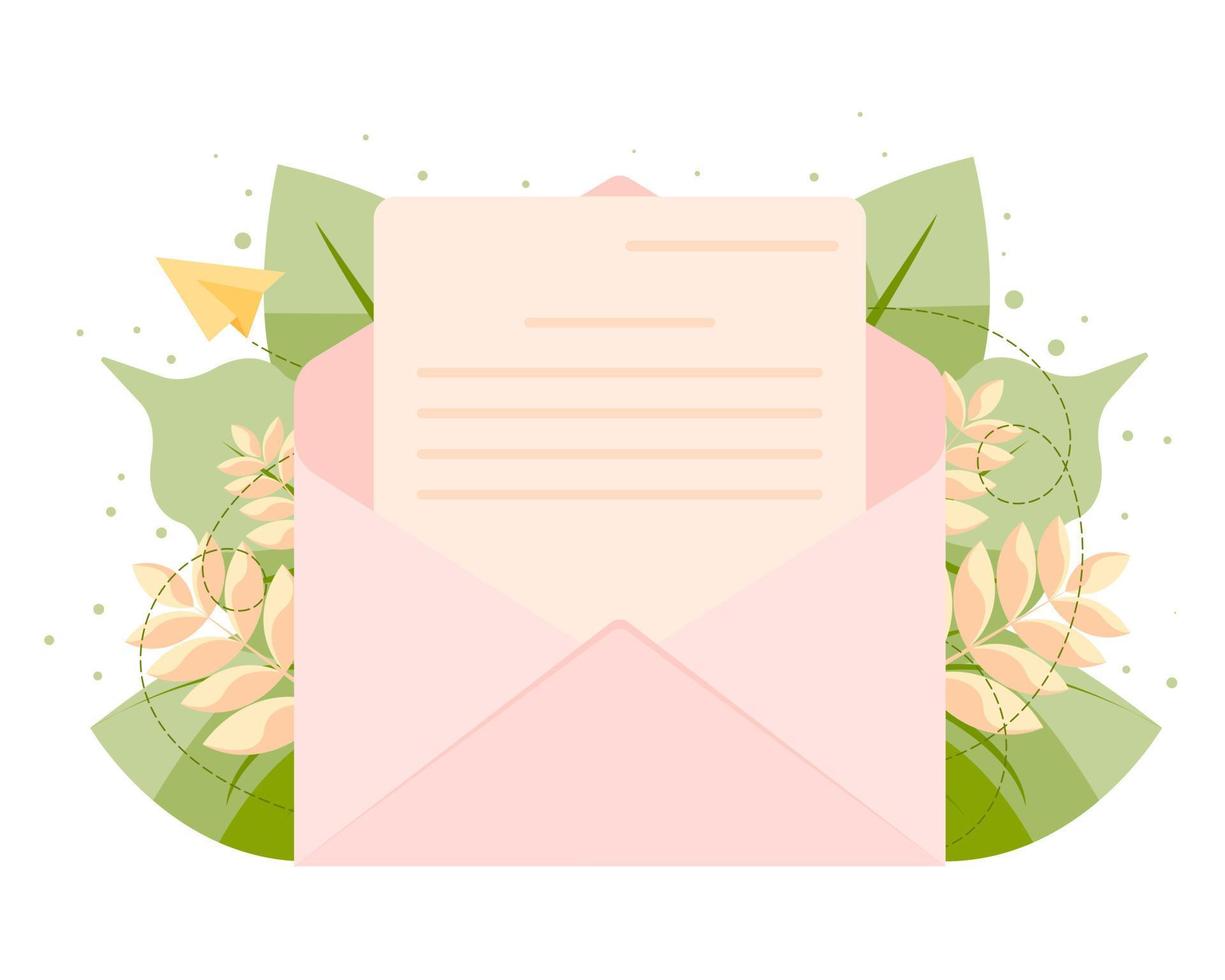 sobre abierto con una carta con follaje en el fondo. el concepto de enviar mensajes. enviar o recibir una carta, correo. vector