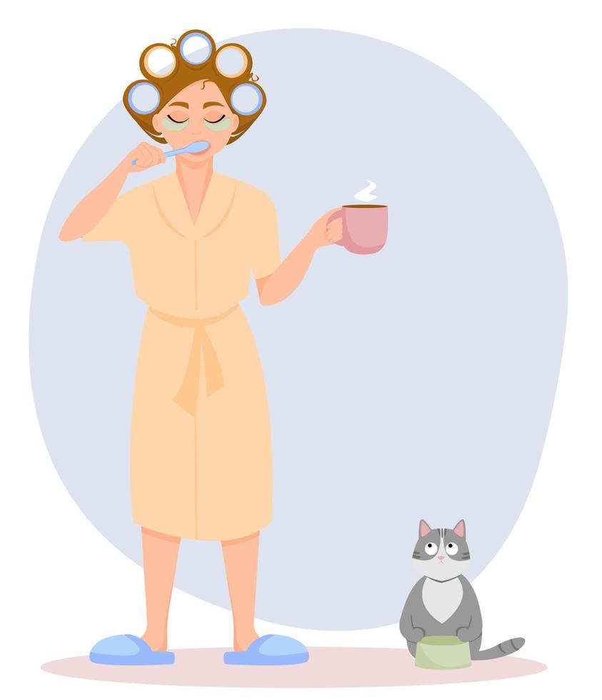 Cute smiling girl with curlers in hair and cosmetic patches under the eyes brushing her teeth. Morning routine. Home daily care. Vector illustration.