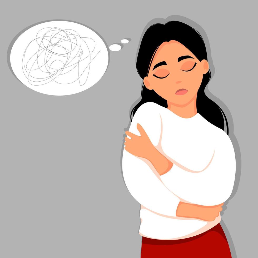 Sad unhappy young woman. Concept of depression, bipolar disorder, fear, pain. Vector illustration in flat style.