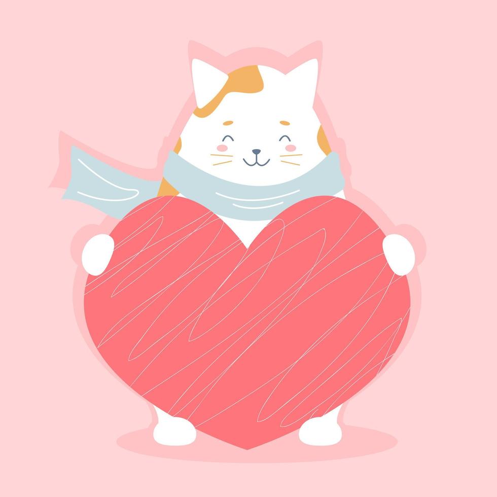 Cute cat hugs red heart. Lovely pets in love. Searching for romantic partner. Valentine's day, Saint Valentine. Vector greeting card illustration.