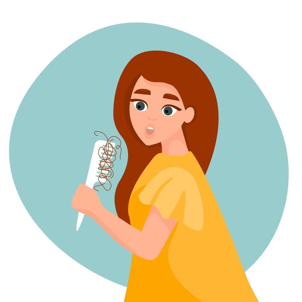 Woman combing her long hair. Concept of alopecia, hair problems, hair loss, baldness. Vector cartoon illustration.