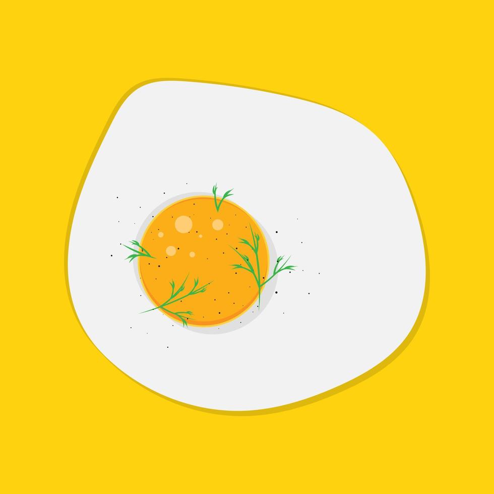 Fried egg with herbs and seasoning on a yellow background. Vector illustration. National Egg Day.