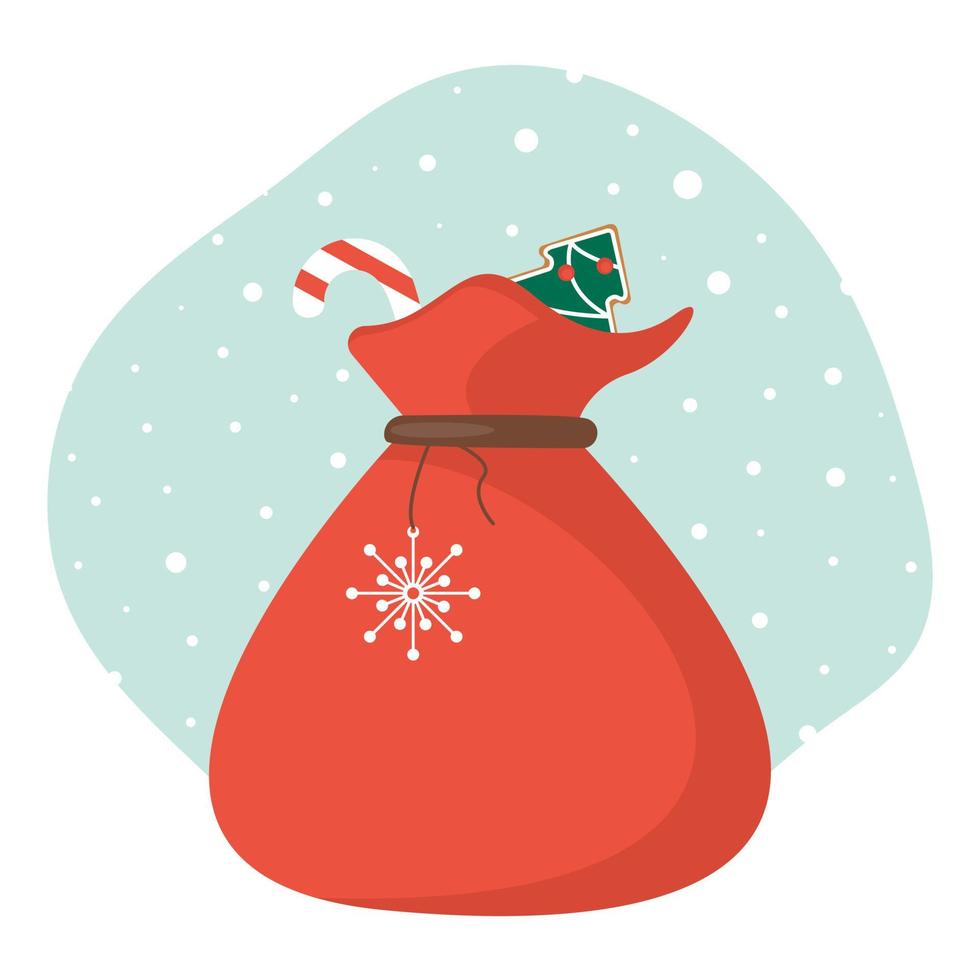 Christmas red sack with sweet candies. Bagful with cookie, caramel, lollipop. Vector illustration in flat style.