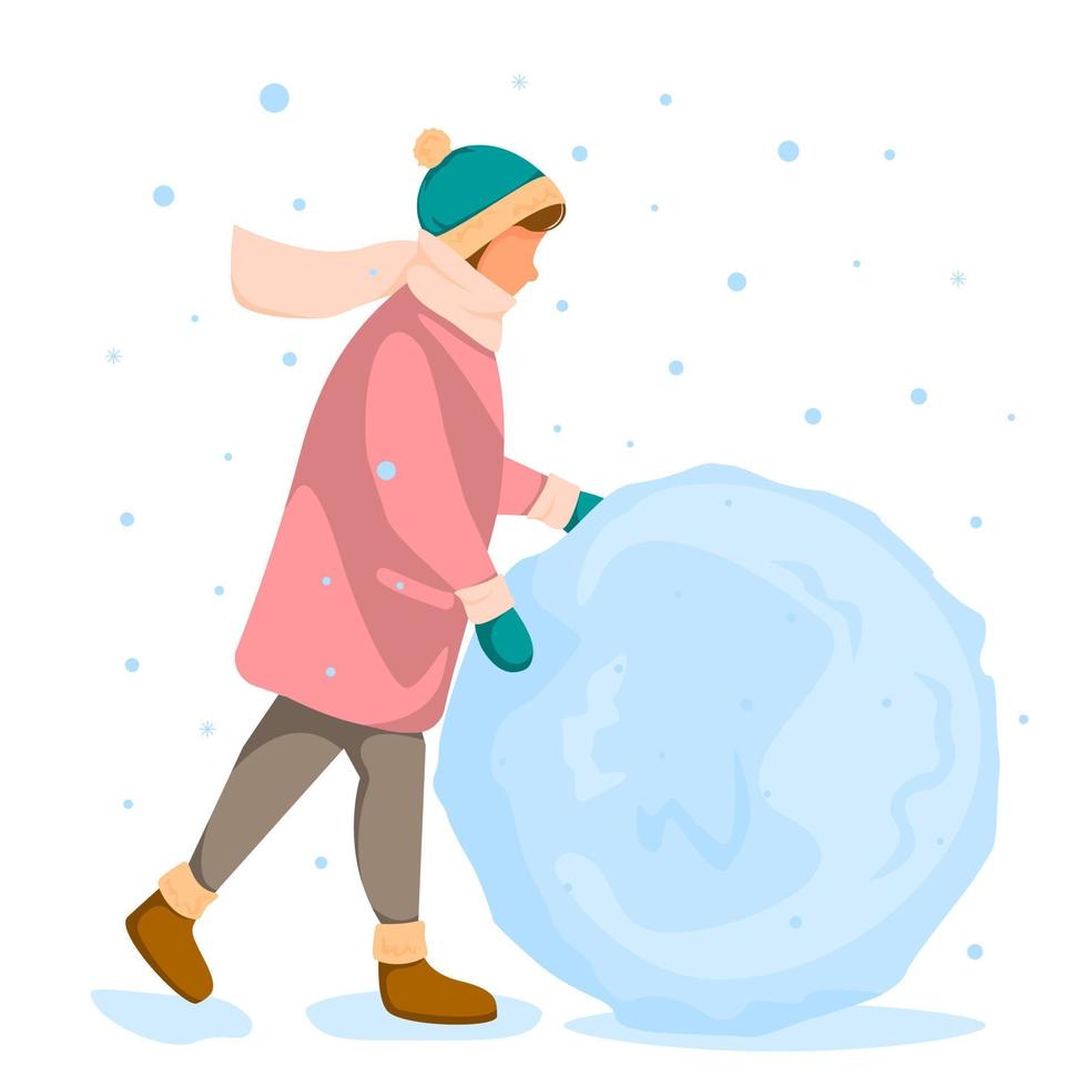 Person is rolling big snowball. Concept of winter fun. Vector illustration in flat style.