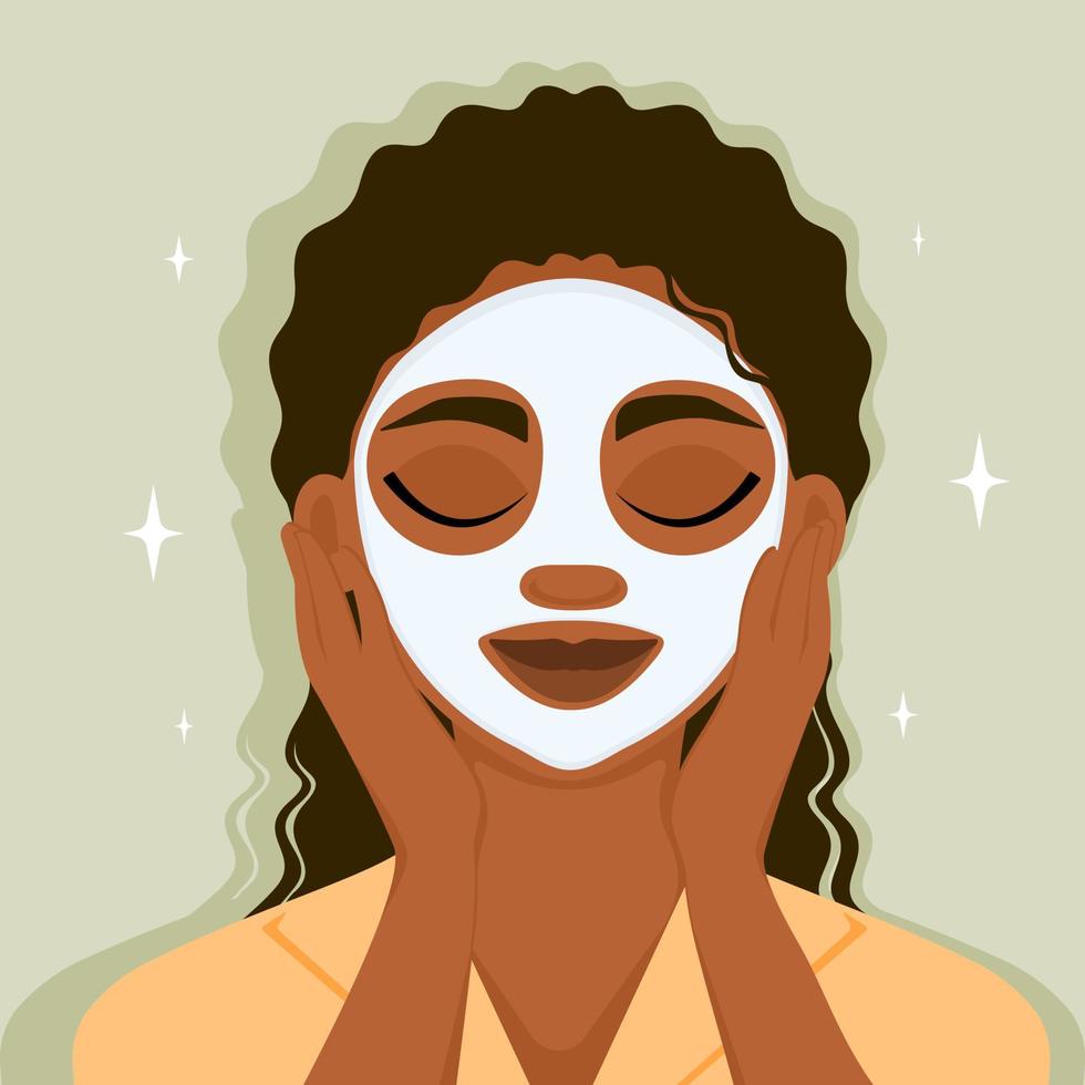 African american girl applied a cosmetic mask to her face. Cleansing and face care. Home spa. Vector illustration.
