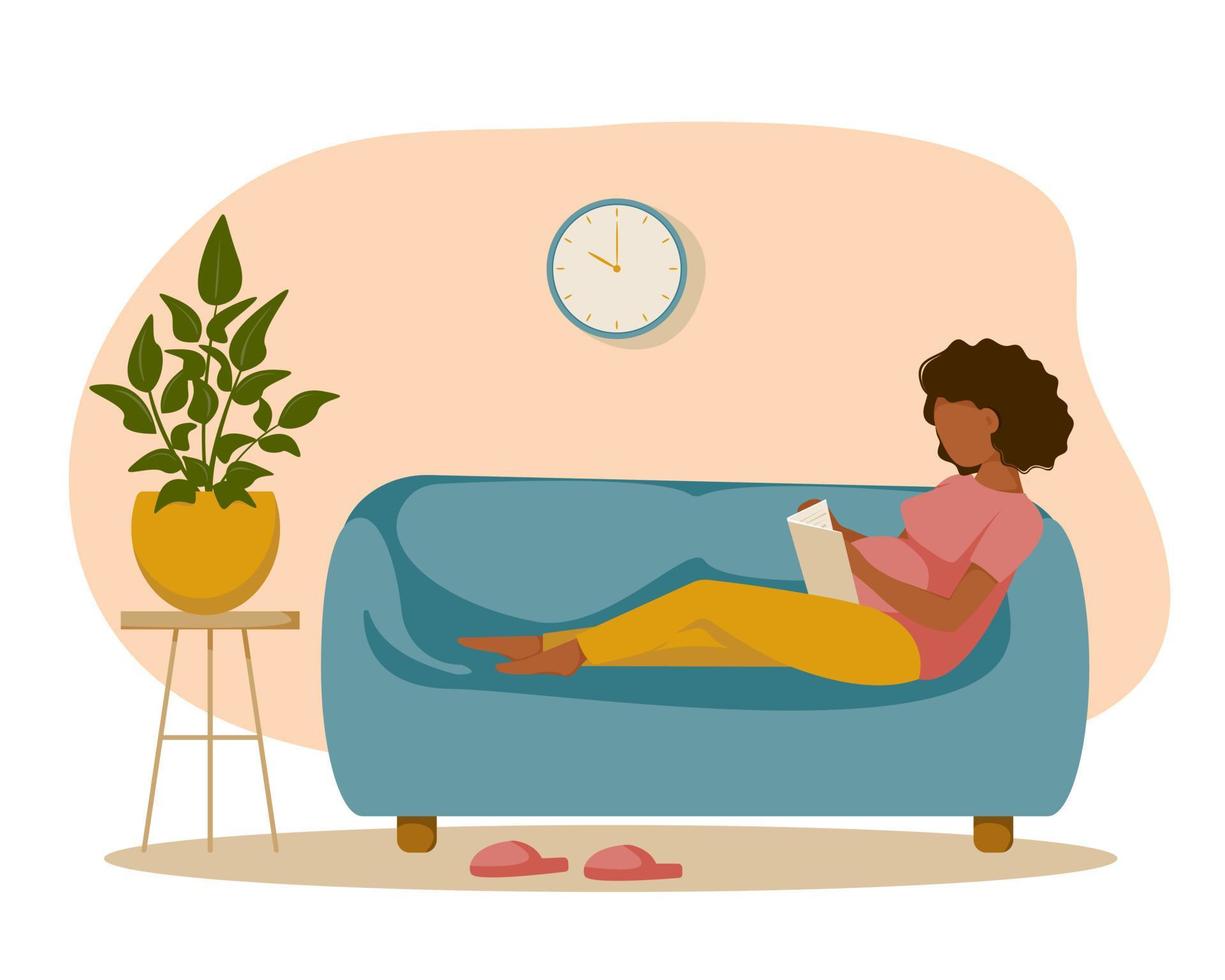 Pregnant woman with a big belly sits on the sofa and reads a book. Flat design. Vector illustration.
