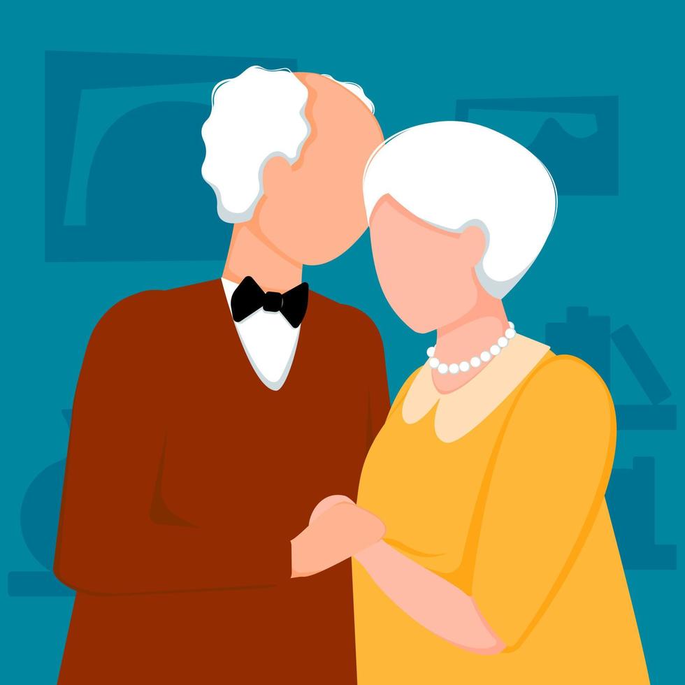 An elderly dark skinned couple of seniors hugs. The old gray-haired husband and wife hug each other. The love and relationship of an elderly couple. Vector illustration.