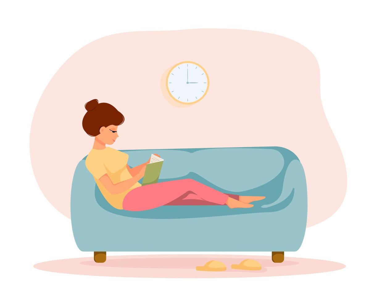 Pregnant woman with a big belly sits on the sofa and reads a book. Flat design. Vector illustration.
