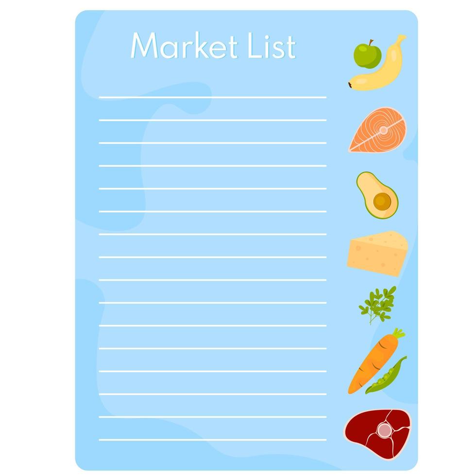 lista de la compra. lista de verificación de planificación de alimentos para el mercado. concepto de compra en supermercado. vector