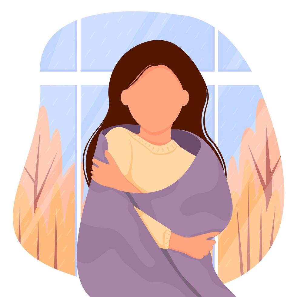 Girl sitting by window in blanket. Autumn vector illustration.