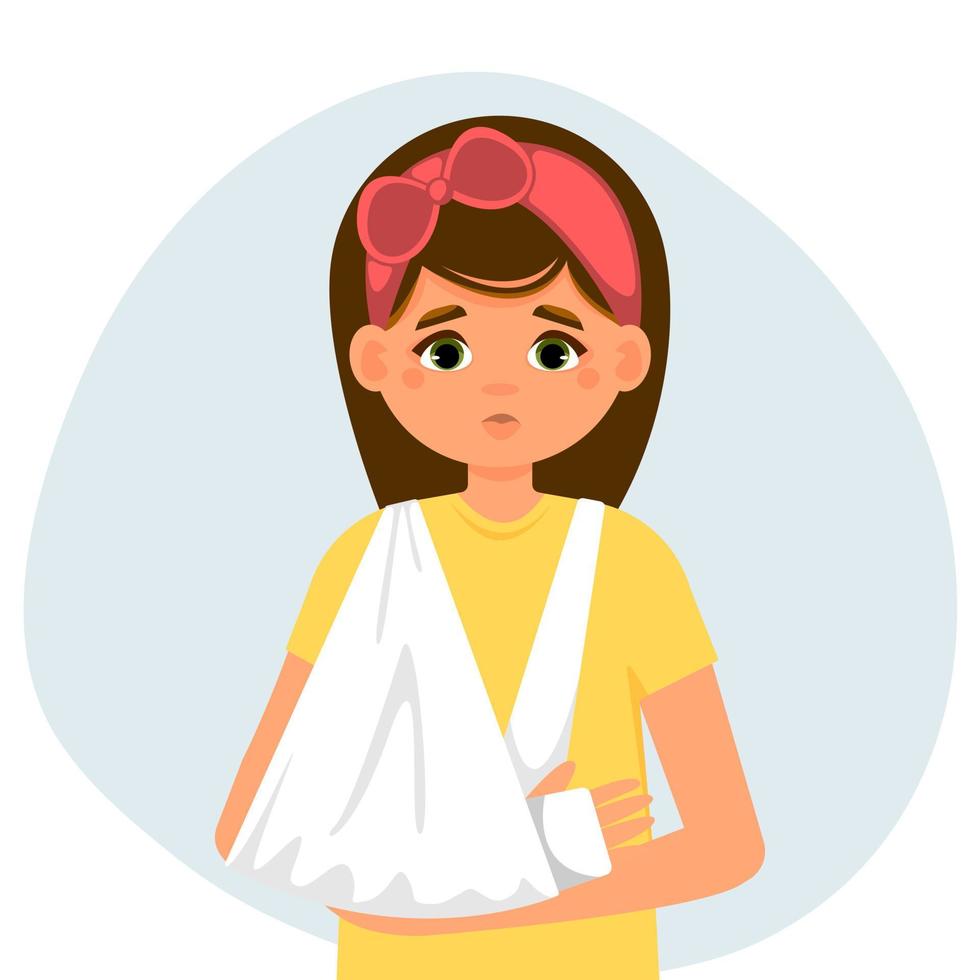 Little girl with broken arm. Concept of treatment bone fracture