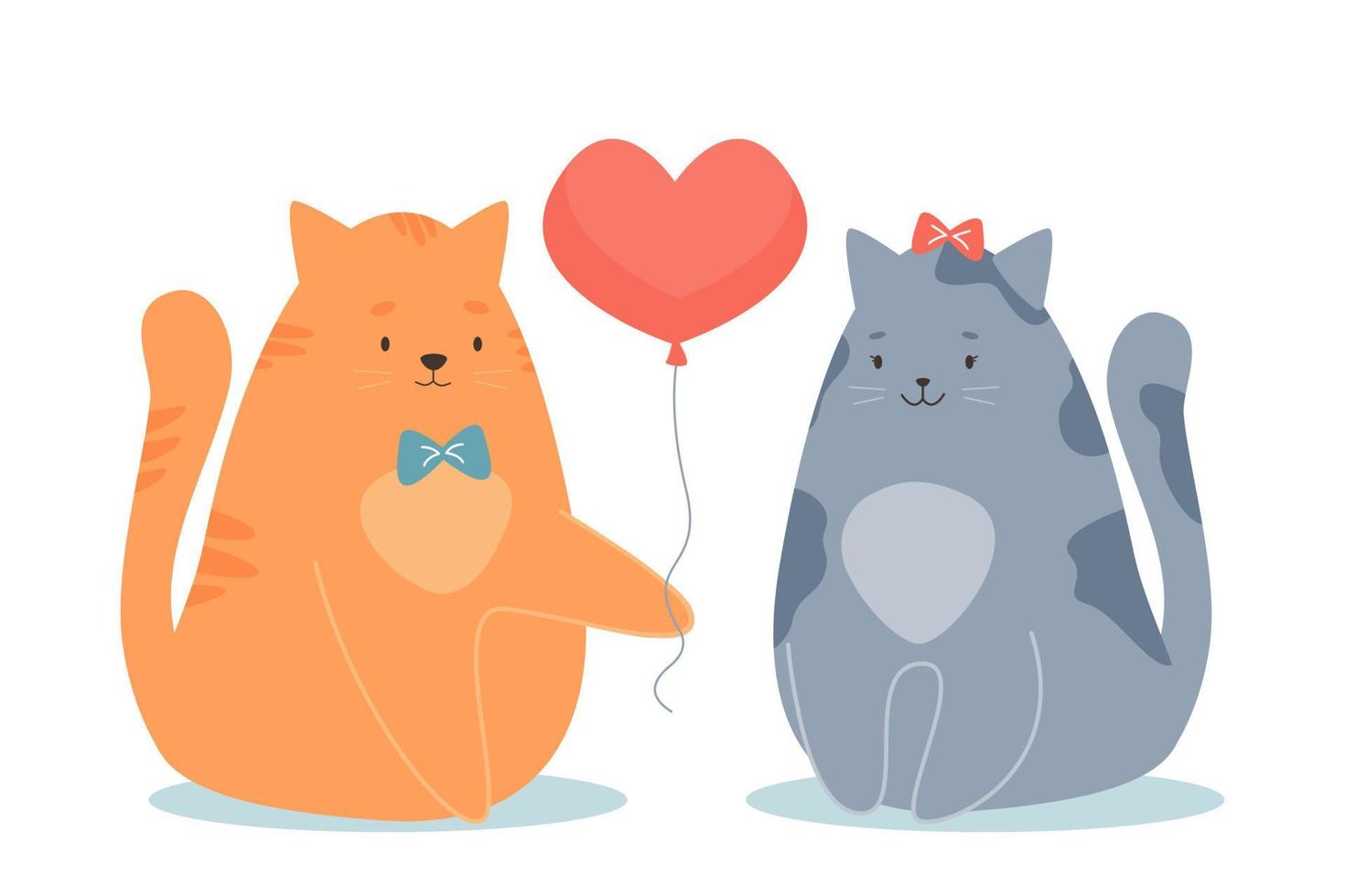 pareja de gatos enamorados. el gato le da a su amado globo en forma de corazón. concepto del día de san valentín. tarjeta de felicitación vectorial. vector