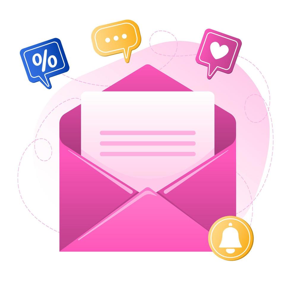 Subscription to email news subscription, newsletter, blog update messages submit. Envelope with sale, message, like icons. Vector illustration.