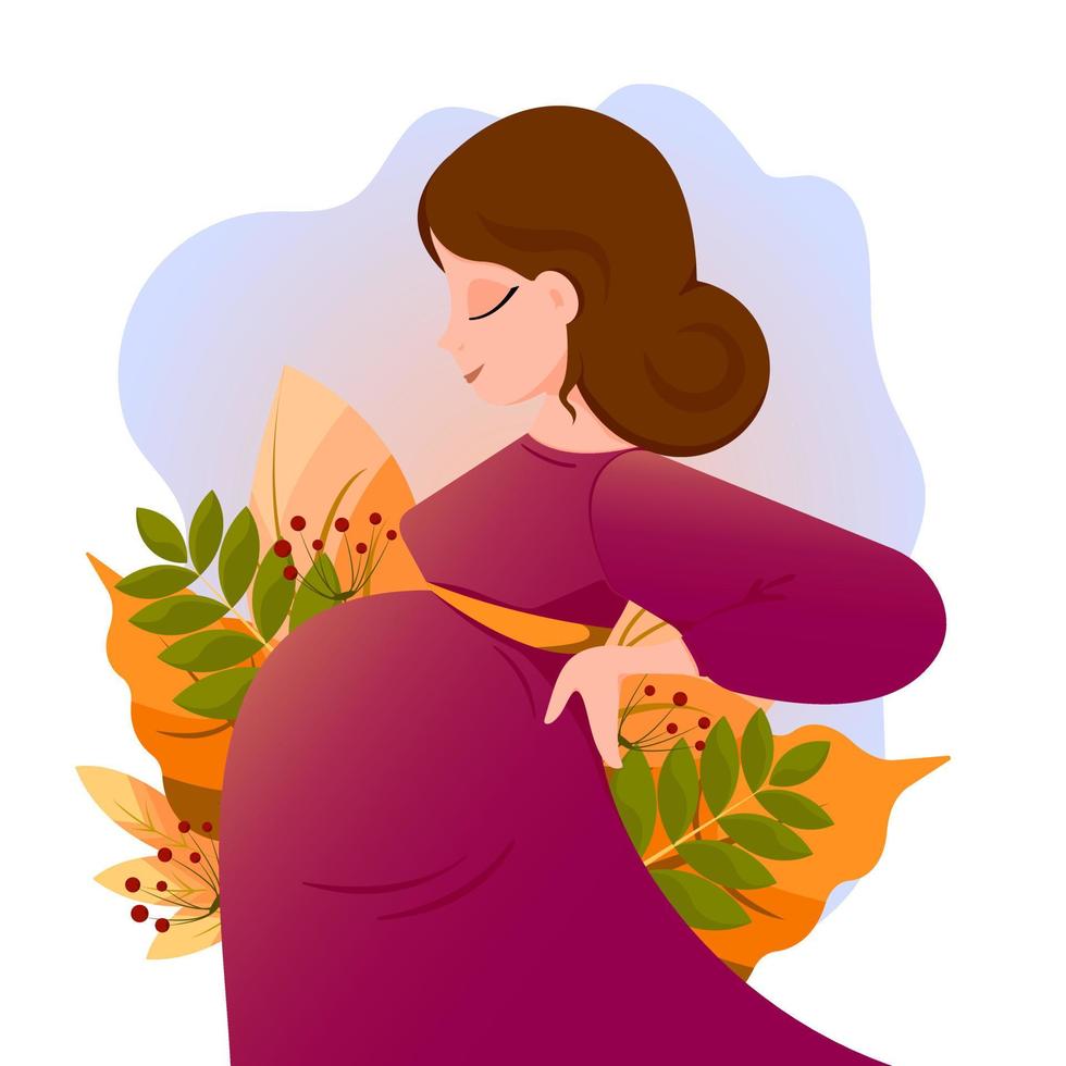 A pregnant woman is expecting a baby. The expectant mother is standing sideways. Pregnancy, big belly. Motherhood. Autumn plants, leaves. Vector illustration.