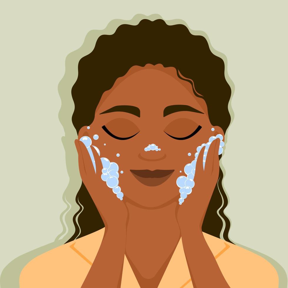 belleza niña afroamericana se lava la cara con jabón. ilustración vectorial vector