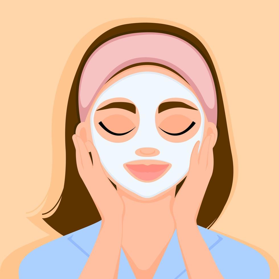 The girl applied a cosmetic mask to her face. Cleansing and face care. Home spa. Vector illustration.