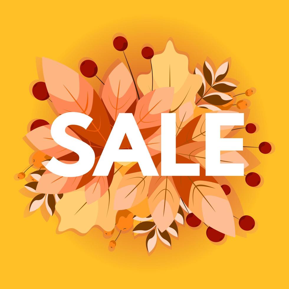 Autumn sale. Label, template, banner with colorful leaves. Vector Illustration.