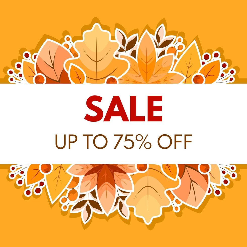 Autumn sale 75 percent off. Label, template, banner with colorful leaves. Vector Illustration.