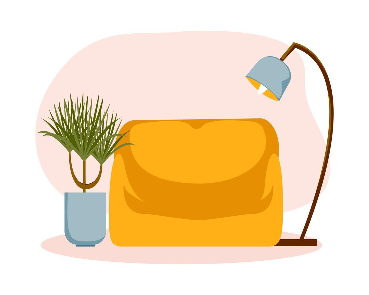 Cozy interior home - sofa, floor lamp, plant in pot. Cute vector illustration.