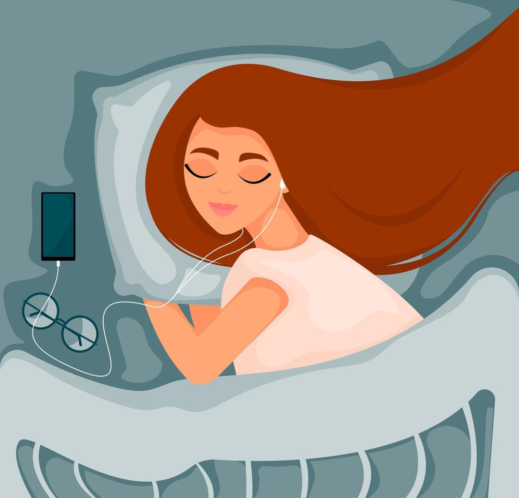 Girl with headphones listens to meditation in bed under the covers. Healthy sleep concept. Pretty woman is sleeping on a pillow. Vector flat design.