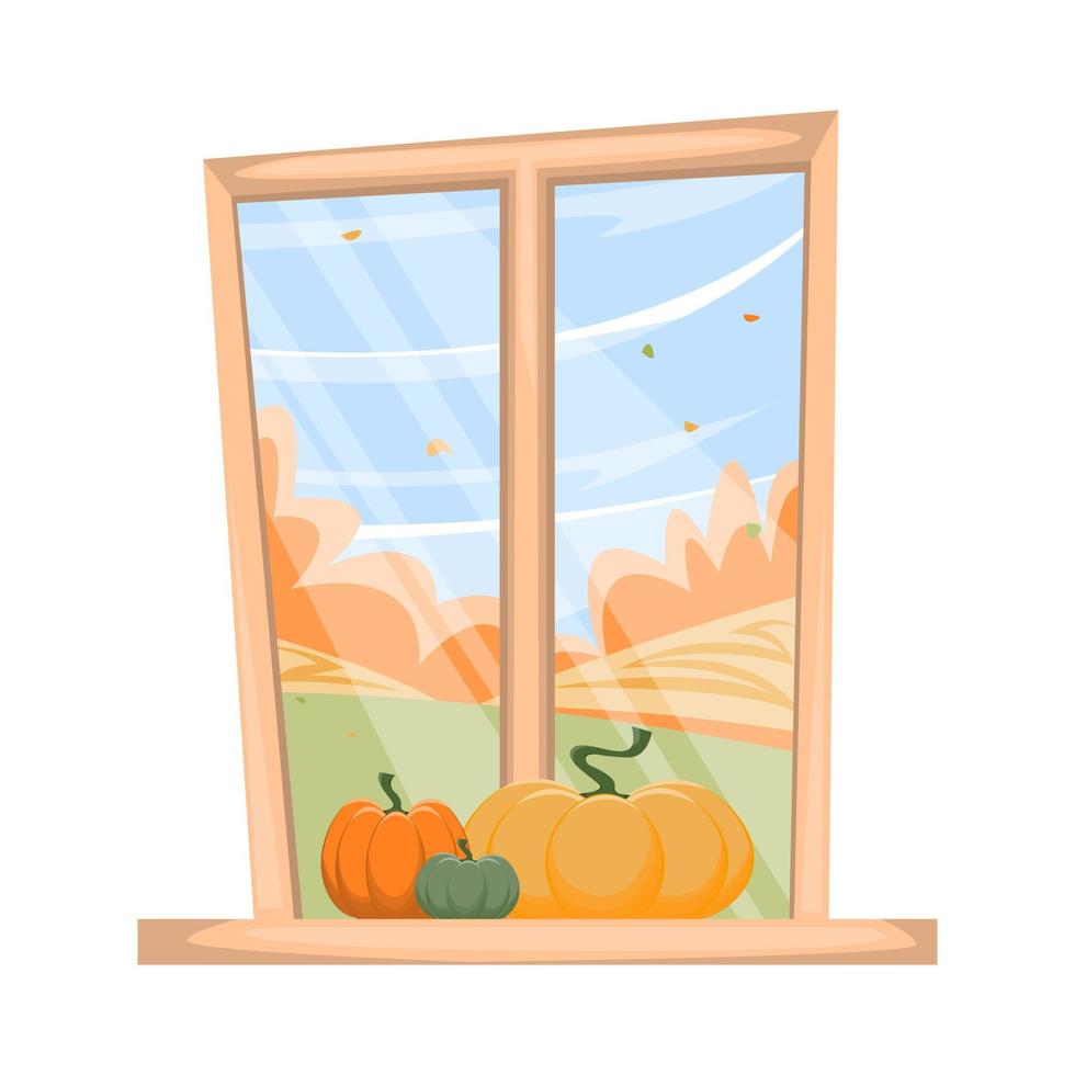 ventanas con paisaje de otoño y calabazas. concepto de día de acción de gracias, halloween. ilustración vectorial en estilo plano. vector