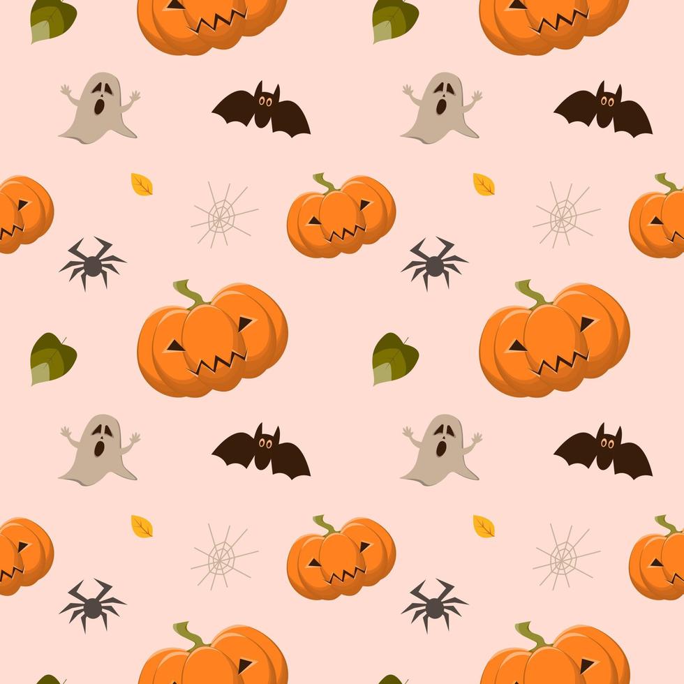Halloween seamless pattern with pumpkins, bat, ghost, spider, cobweb. Vector background in flat style.