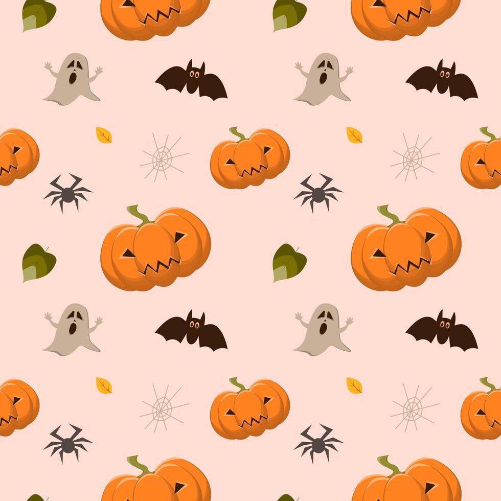 patrón sin fisuras de halloween con calabazas, murciélago, fantasma, araña, telaraña. fondo vectorial en estilo plano. vector