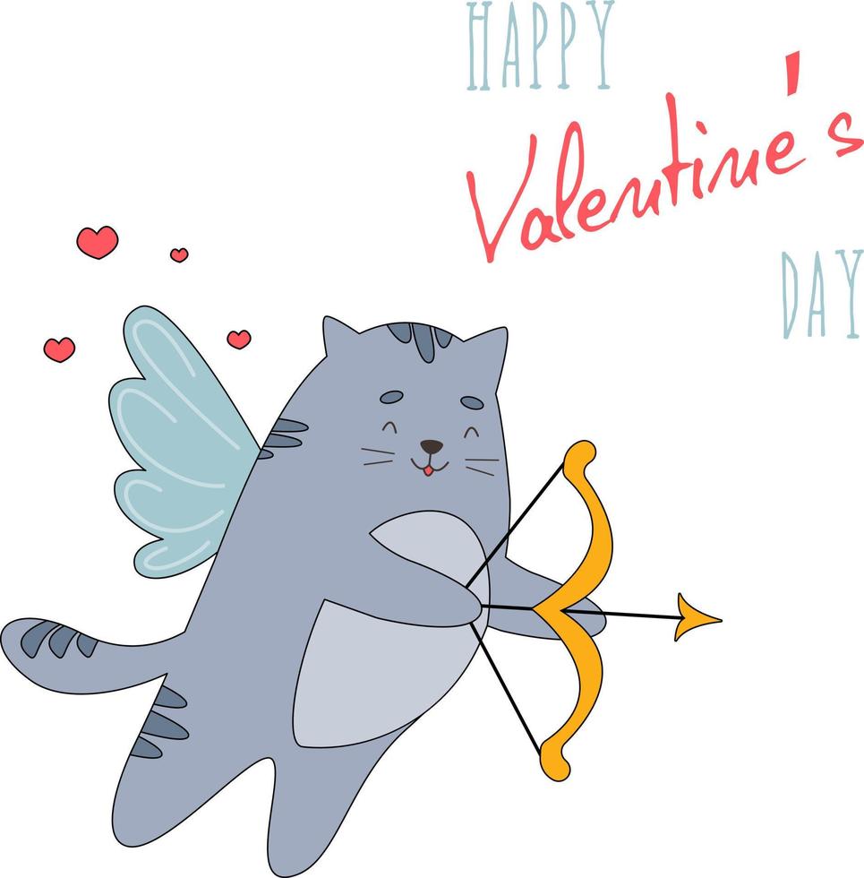 Cute mischievous cupid cat. Concept of Valentine's Day. Vector greeting card with lettering.