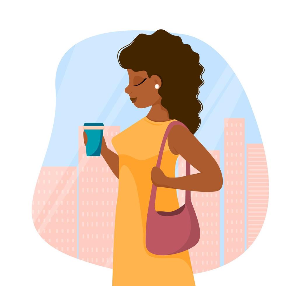 Young attractive girl is walking with coffee in her hand and a bag on her shoulder. Vector illustration.