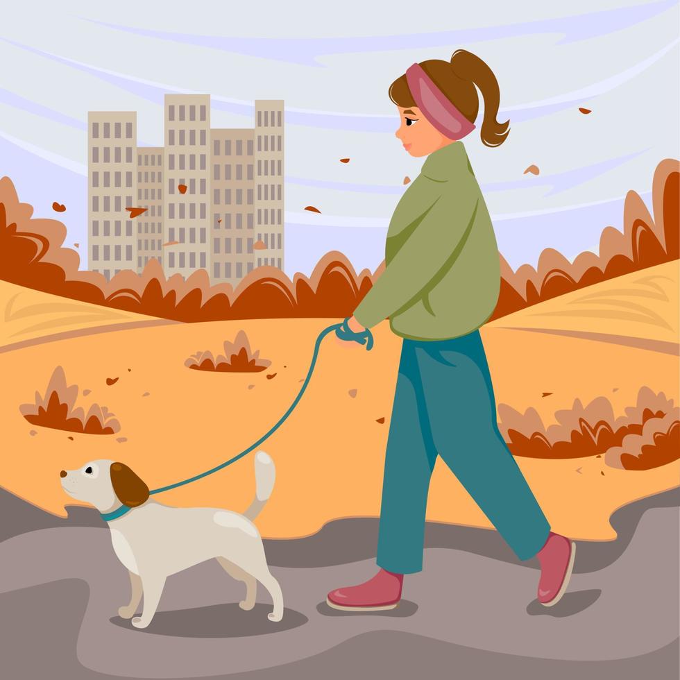 Girl in jacket walking with dog on leash in autumn park. Vector illustration.