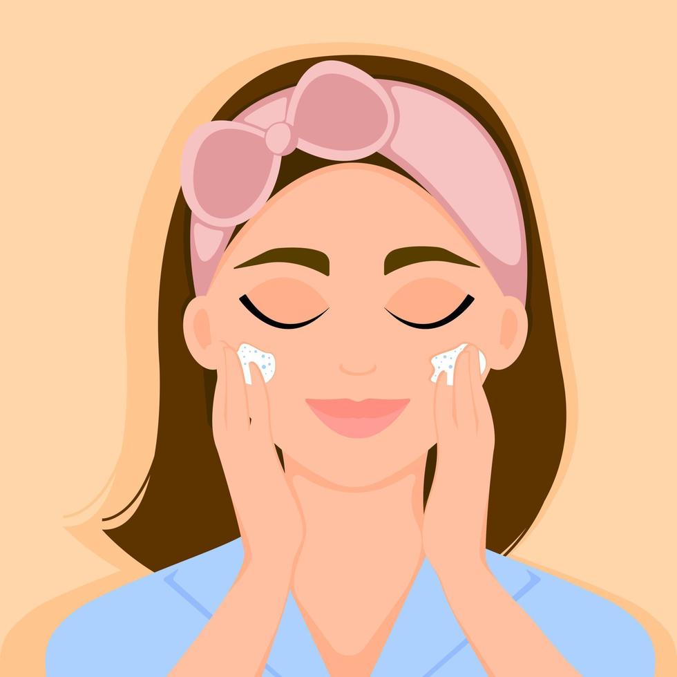 una linda chica sonriente usa un exfoliante facial. limpieza y masaje de la piel. cuidado diario de la piel del rostro en el hogar. ilustración vectorial vector