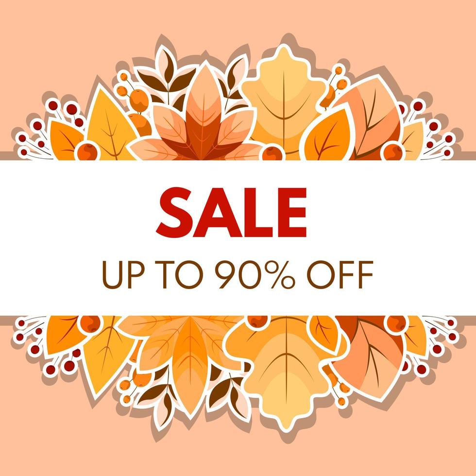 Autumn sale 90 percent off. Label, template, banner with colorful leaves. Vector Illustration.