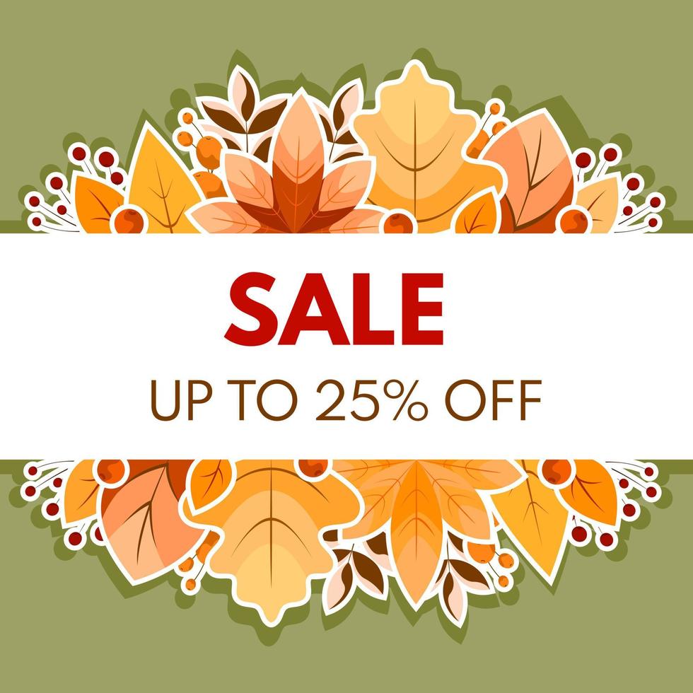 Autumn sale 25 percent off. Label, template, banner with colorful leaves. Vector Illustration.