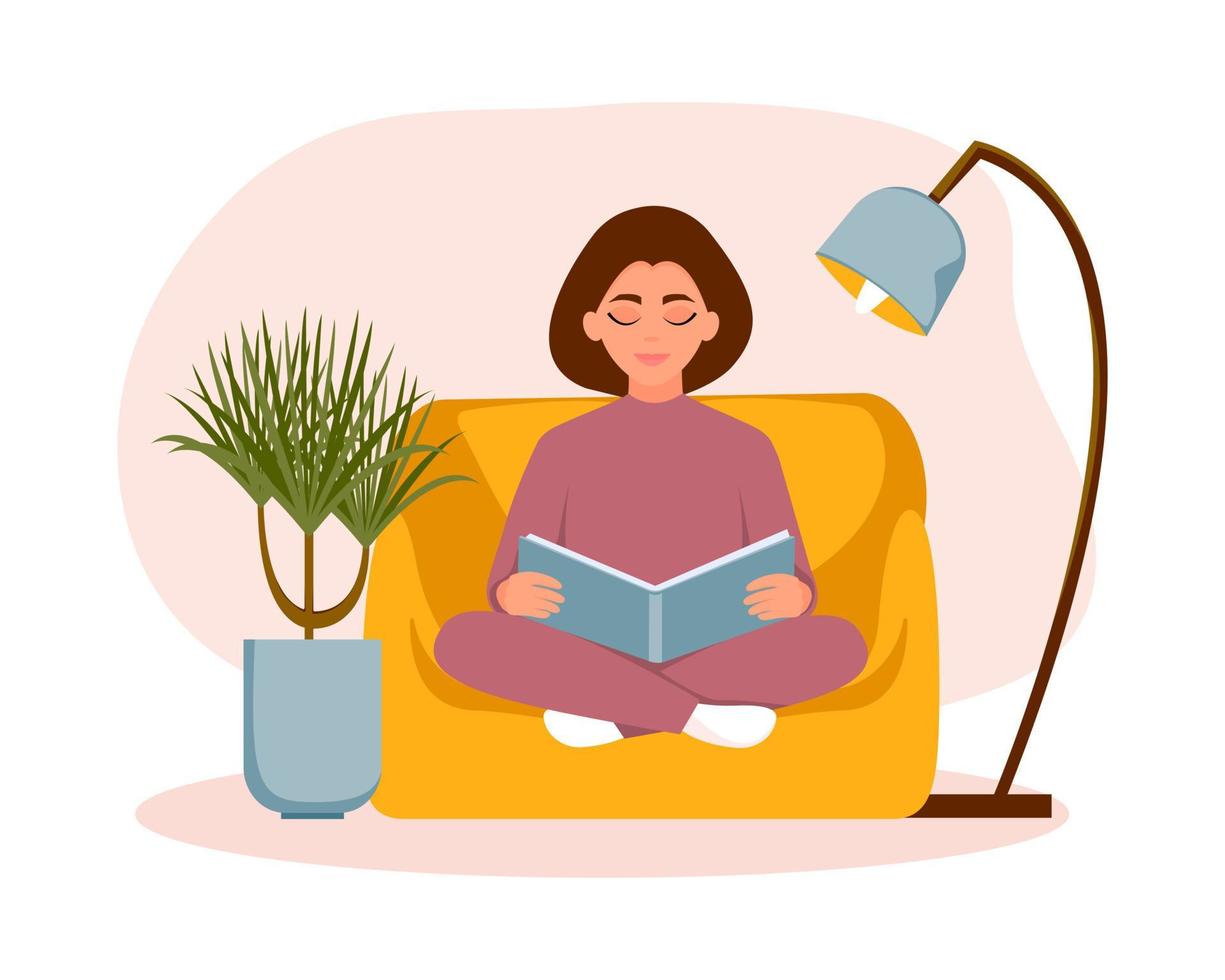 Woman is sitting on couch and reading a book. Vector illustration with flat style.