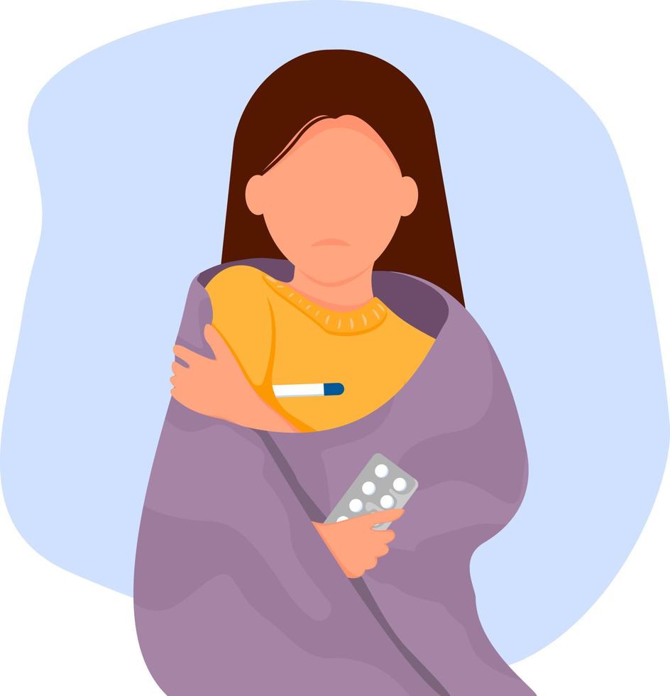 Sick girl measures temperature and holding pills in her hand. Autumn vector illustration.